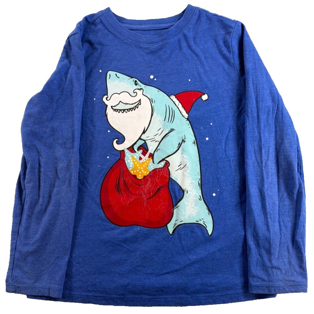 Santa Shark Christmas Cat Jack Boys Long Sleeve Blueβ Graphic Tee Holiday S 6 7